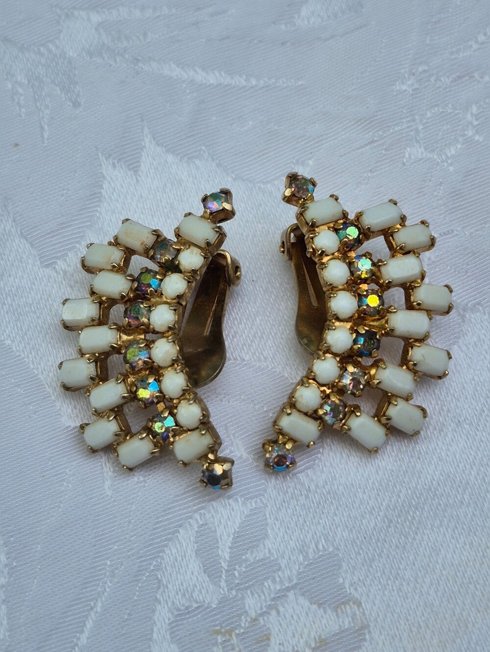 Vintage White and Aurora Crystal Clip-On Earrings